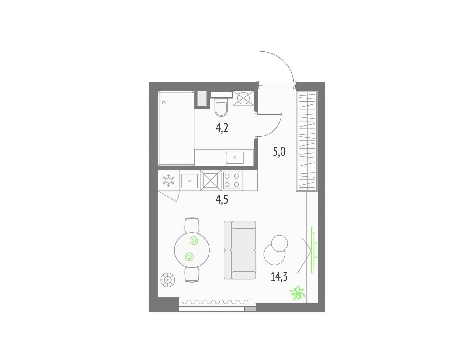 Планировка: Студия 25.80 м² в новостройке Апсайд Тауерс