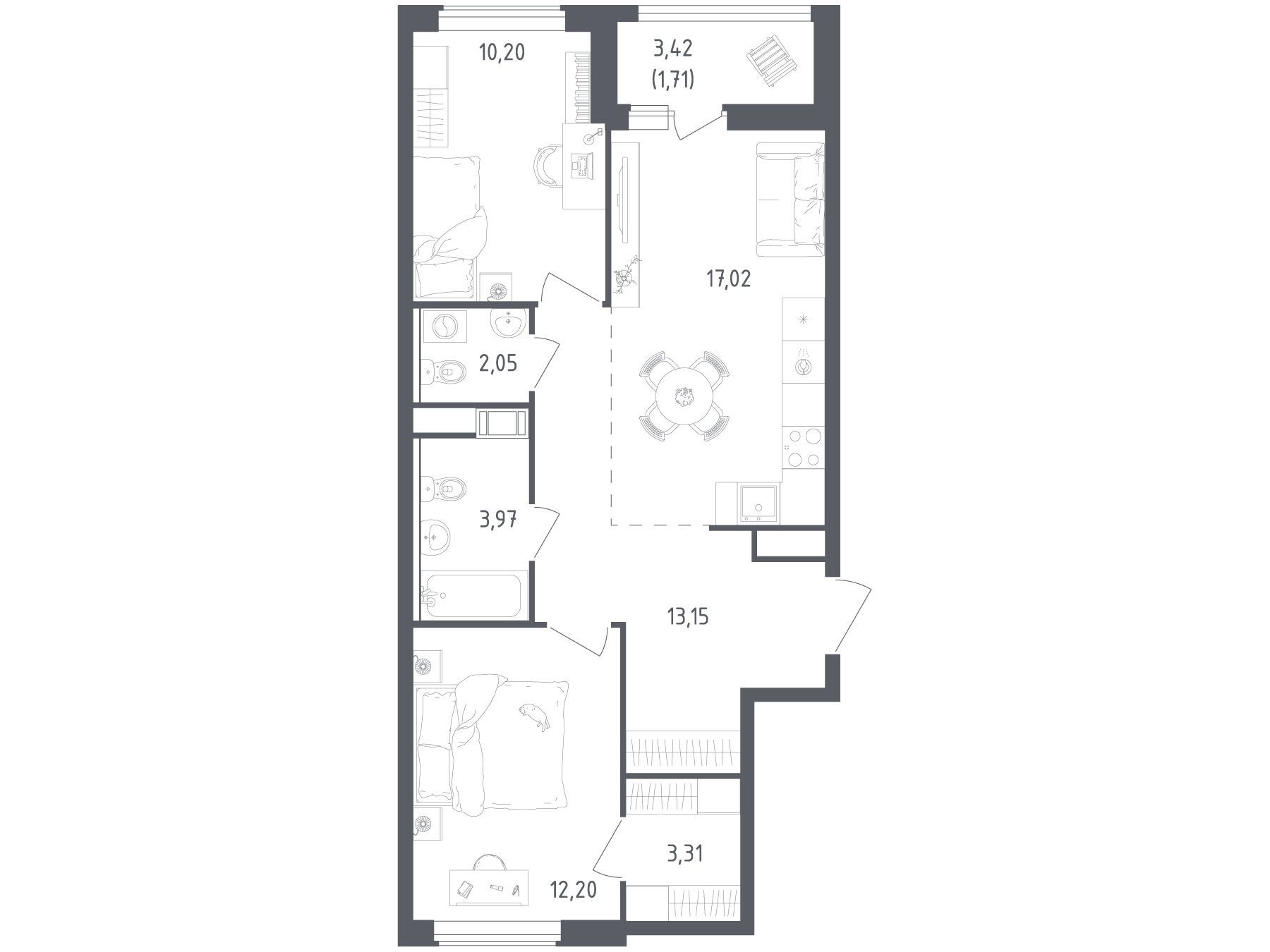 Планировка: 2-комн. квартира 63.61 м² в новостройке Южная Нева