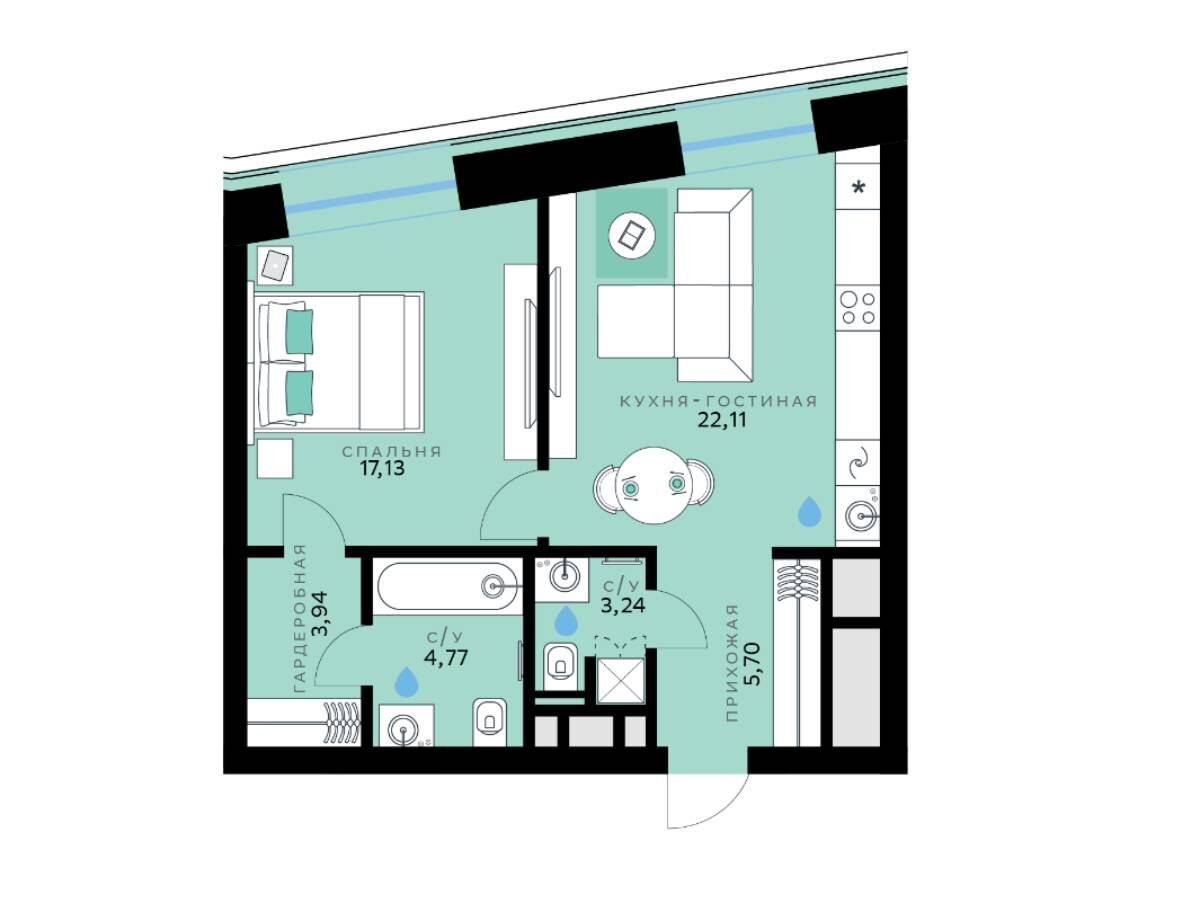 Планировка: 1-комн. квартира 56.89 м² в новостройке СберСити
