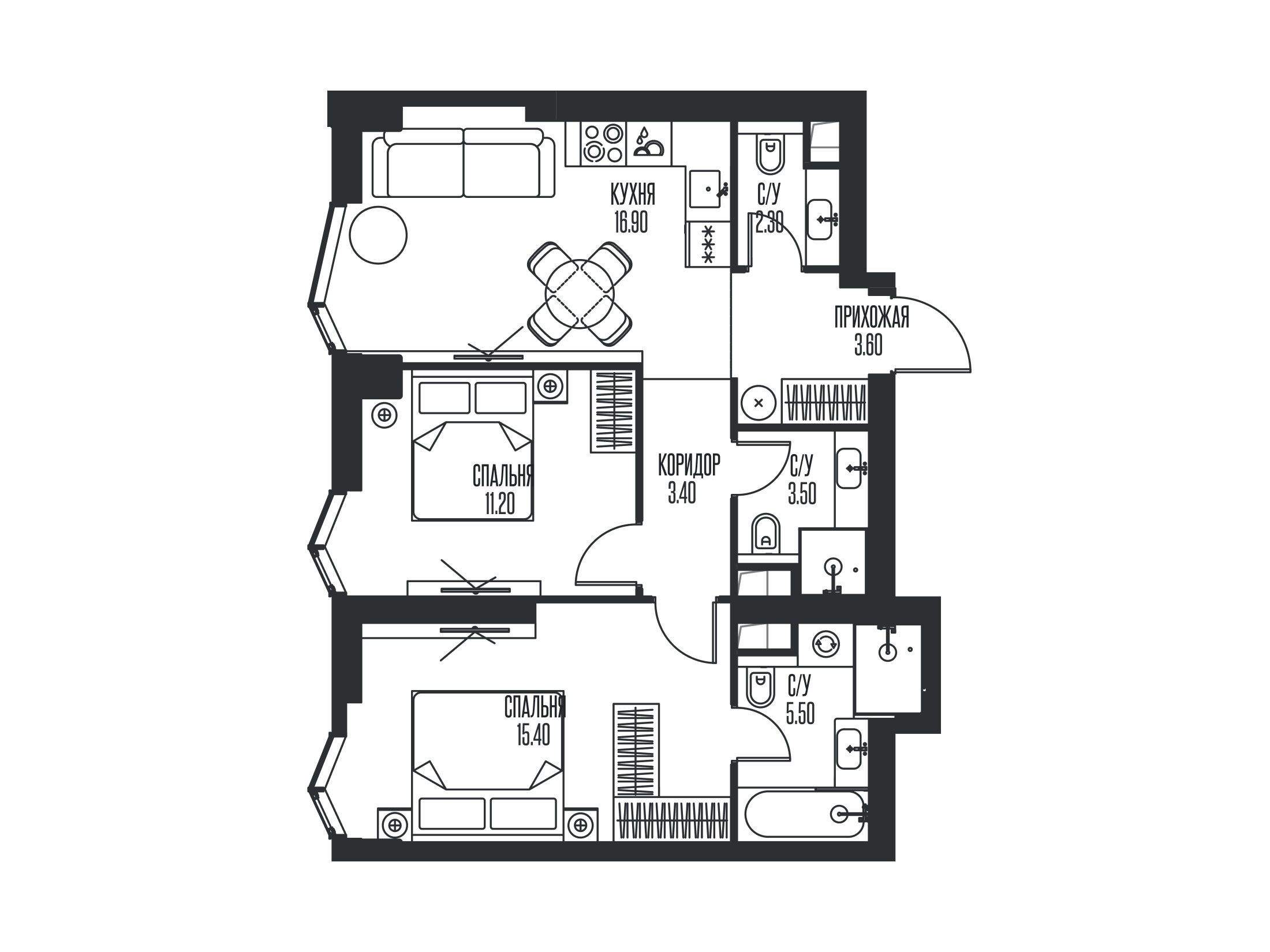 Планировка: 2-комн. квартира 61.80 м² в новостройке ЖК Айс Тауэрс
