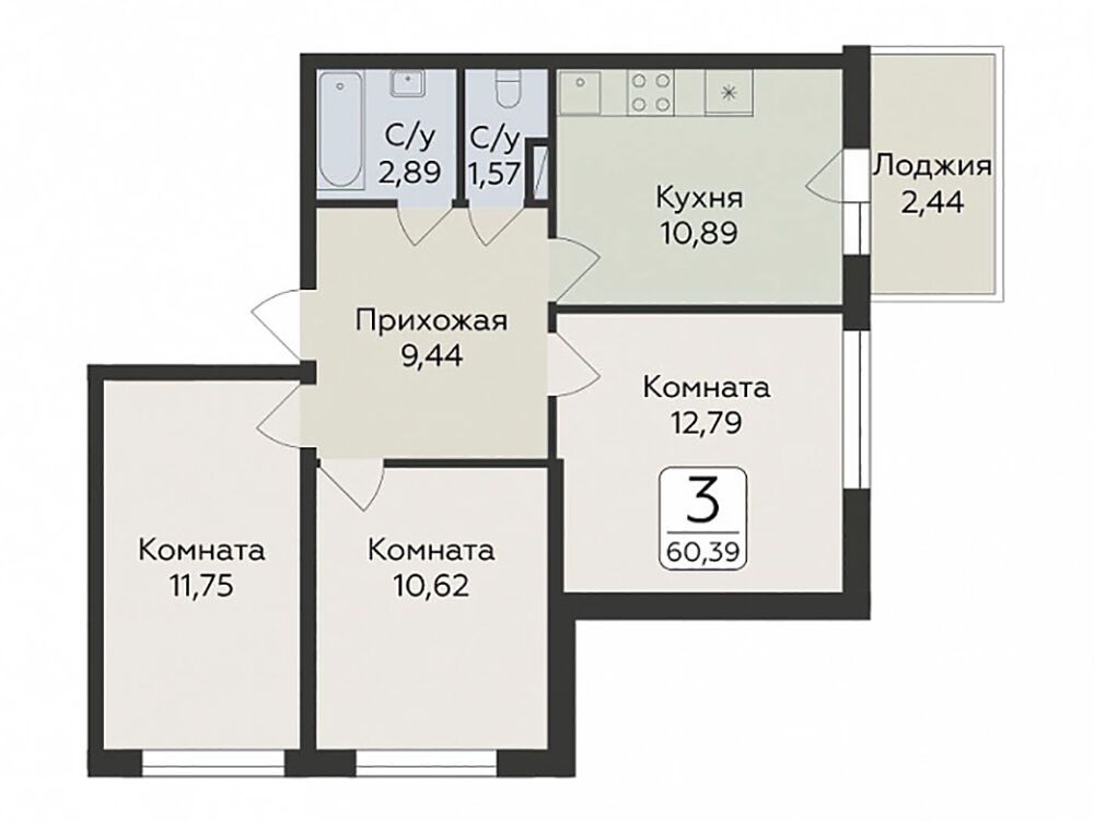 Планировка: 3-комн. квартира 62.39 м² в новостройке Панорама Юкки