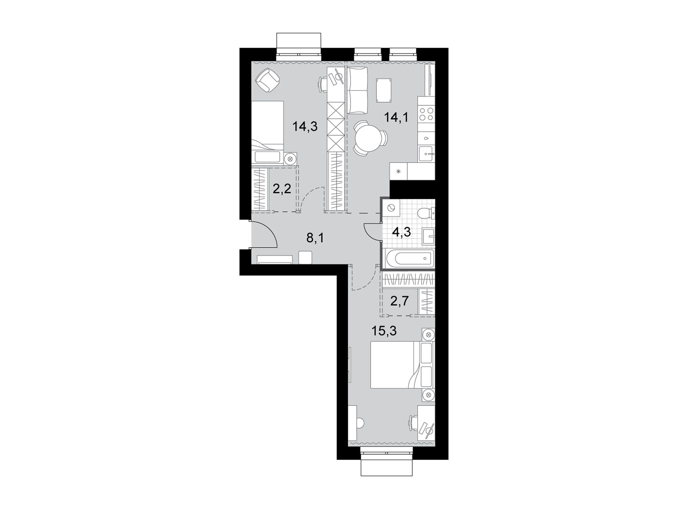 Планировка: 2-комн. квартира 61.00 м² в новостройке Дубровицы клаб