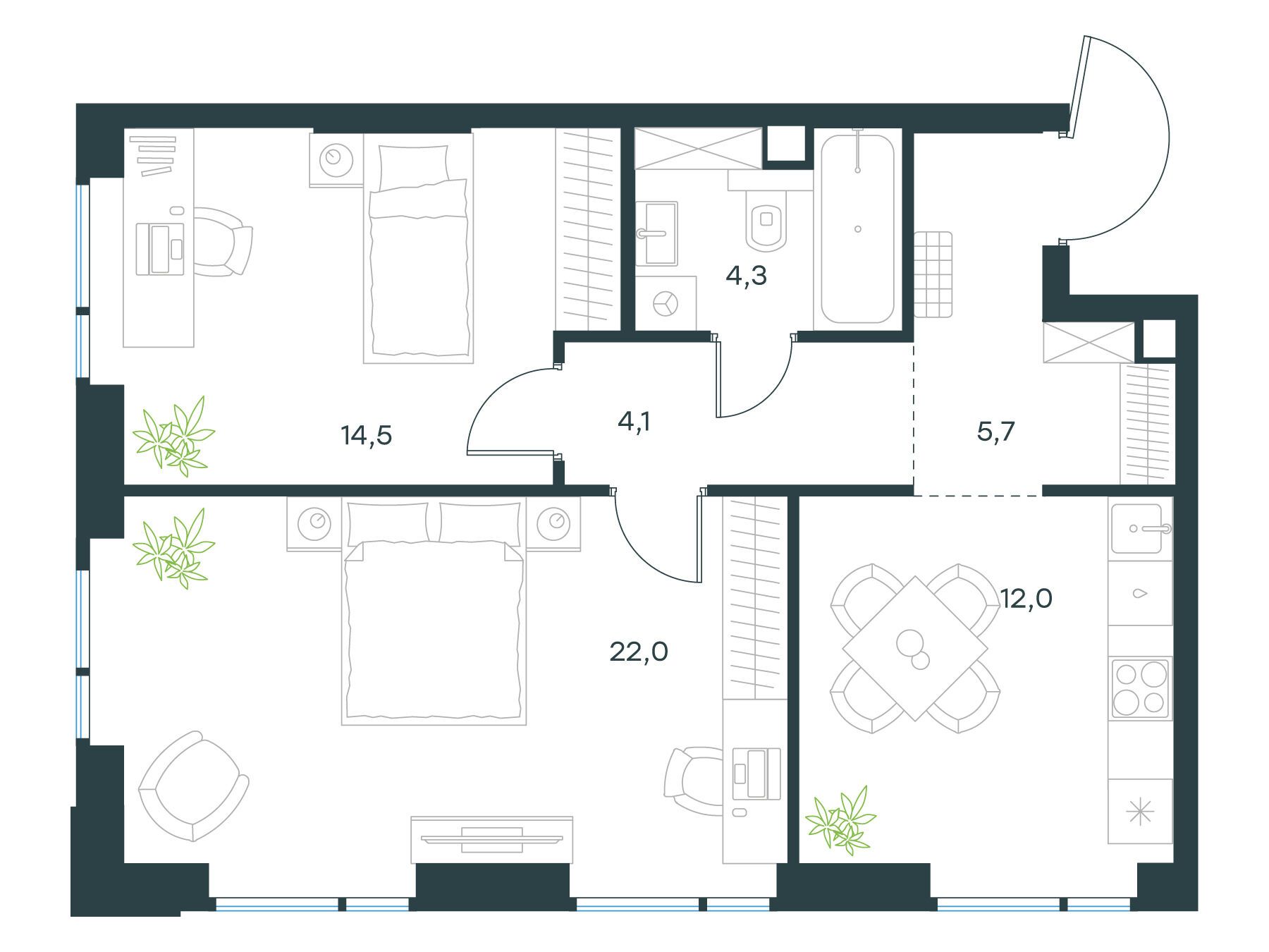 Планировка: 2-комн. квартира 62.60 м² в новостройке Левел Войковская