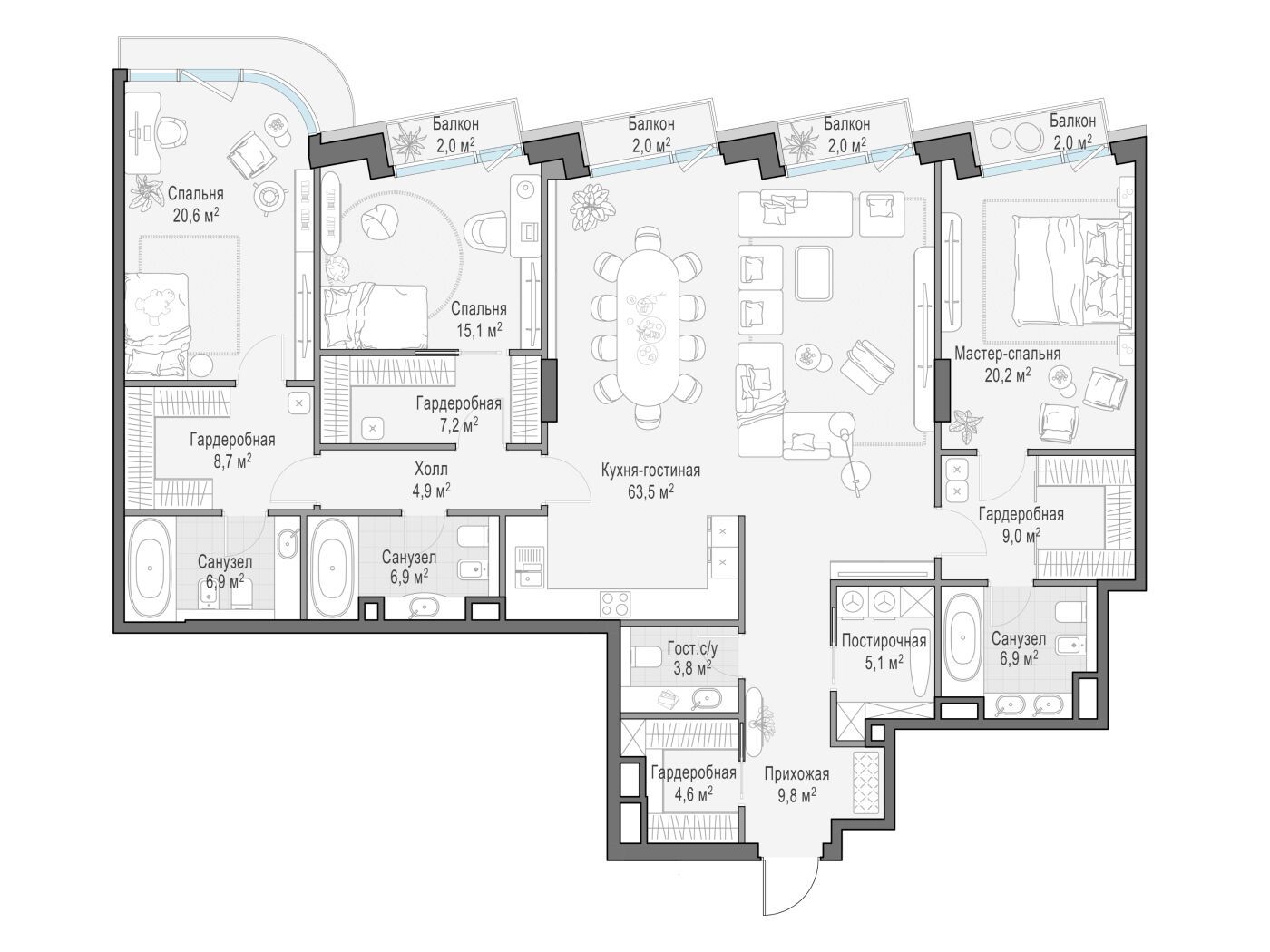 Планировка: 3-комн. квартира 197.90 м² в новостройке Палашёвский 11