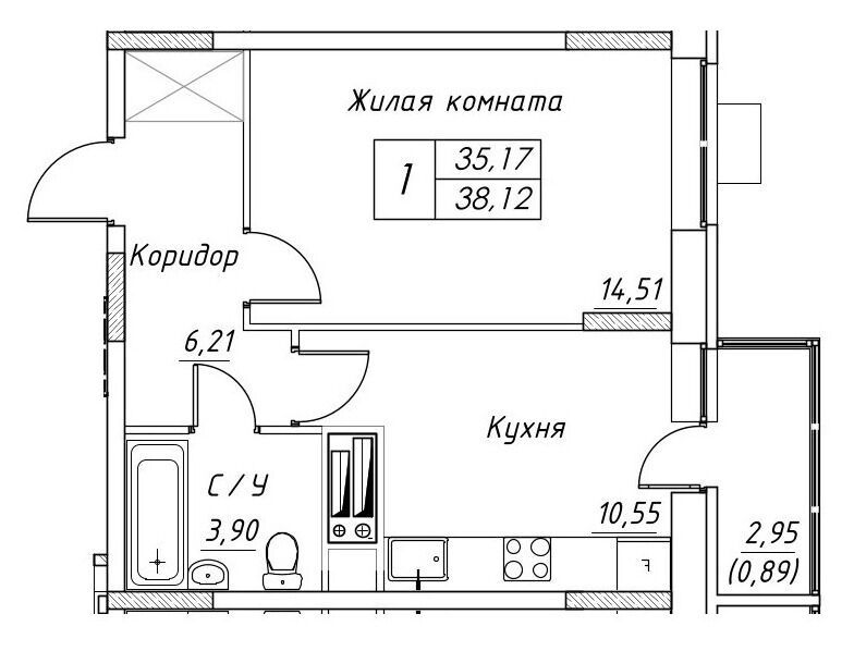 Планировка: 1-комн. квартира 38.12 м² в новостройке Большевик (Дмитров)