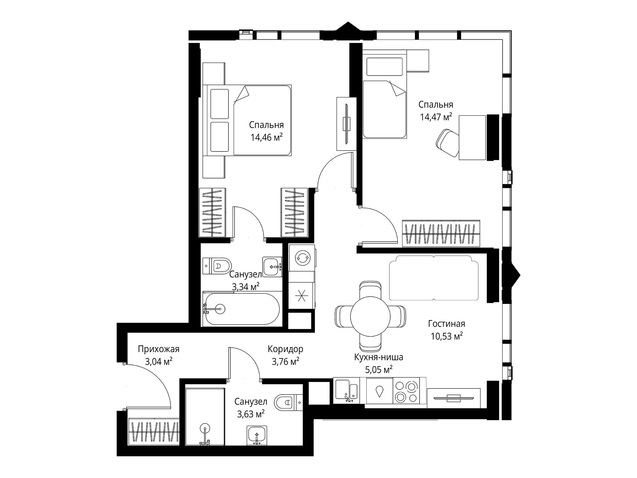 Планировка: 2-комн. квартира 58.28 м² в новостройке Джойс