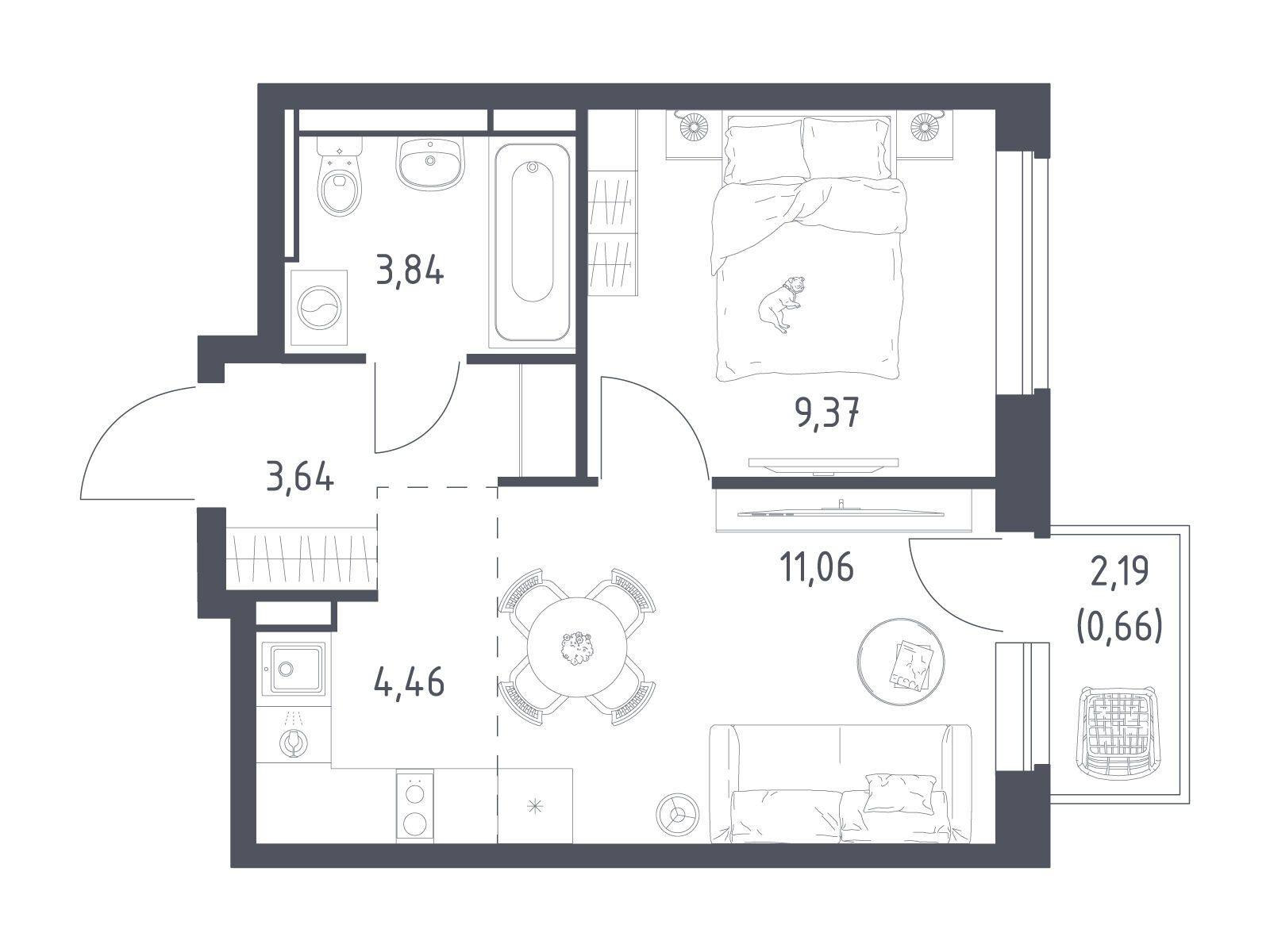 Планировка: 1-комн. квартира 33.03 м² в новостройке ЖК Новое Видное