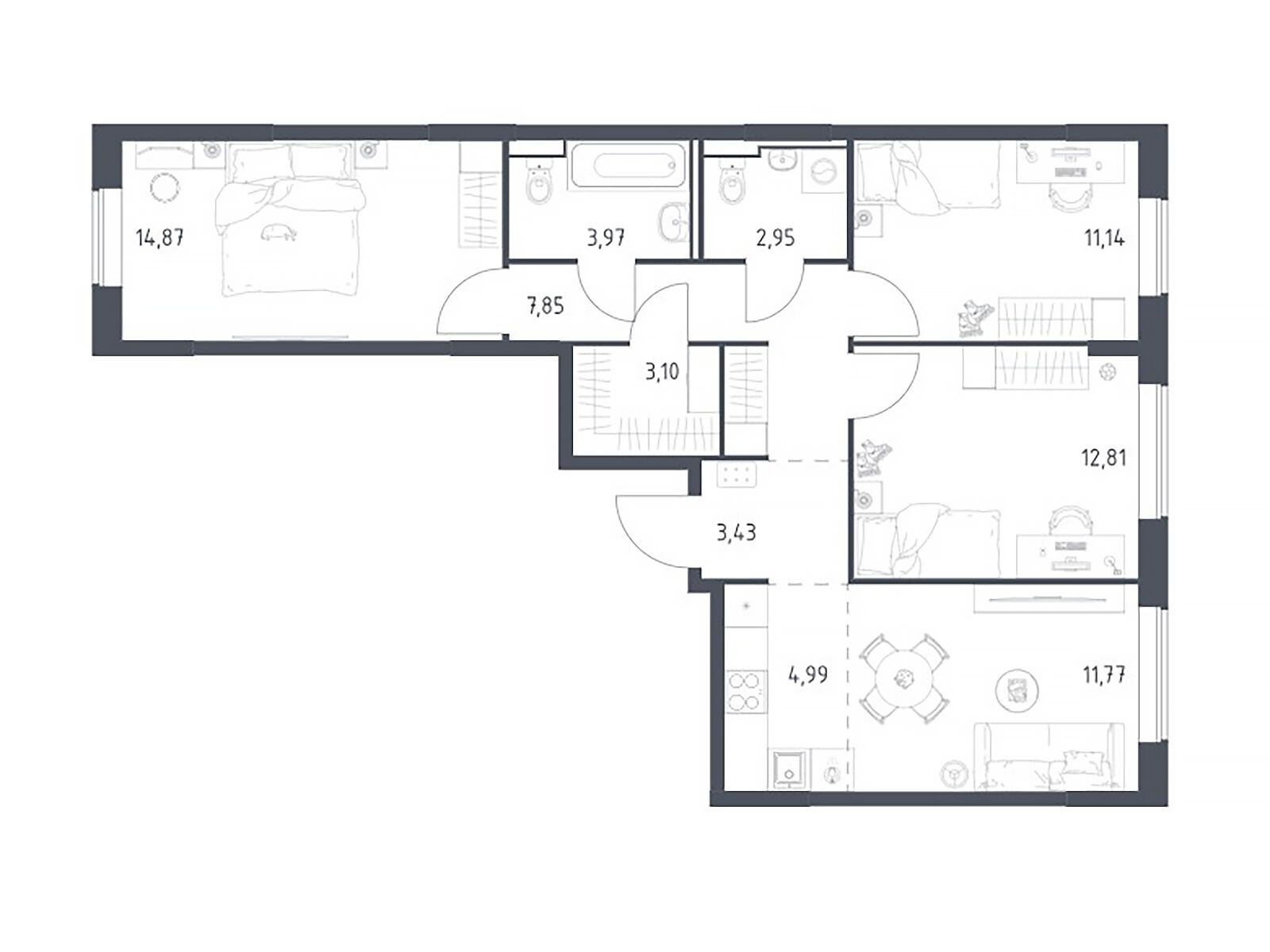 Планировка: 3-комн. квартира 76.88 м² в новостройке Прибрежный Парк