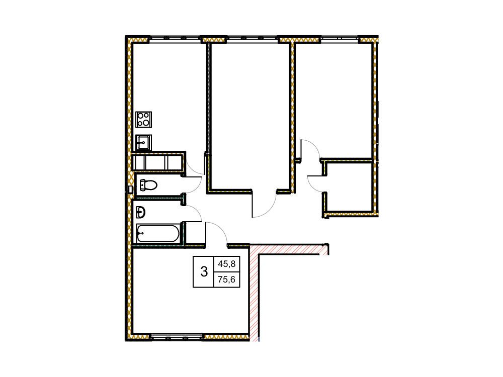 Планировка: 3-комн. квартира 79.60 м² в новостройке Новое Замитино