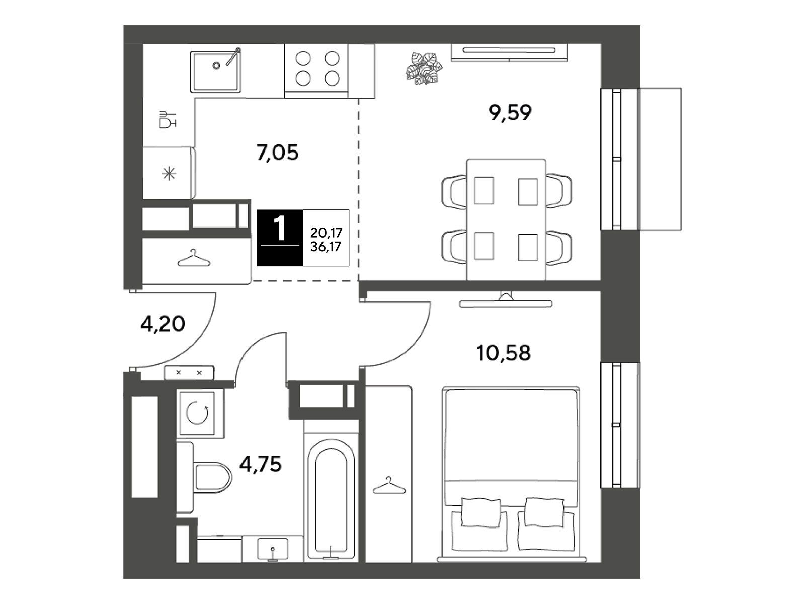 Планировка: 1-комн. квартира 36.17 м² в новостройке ЖК Публицист