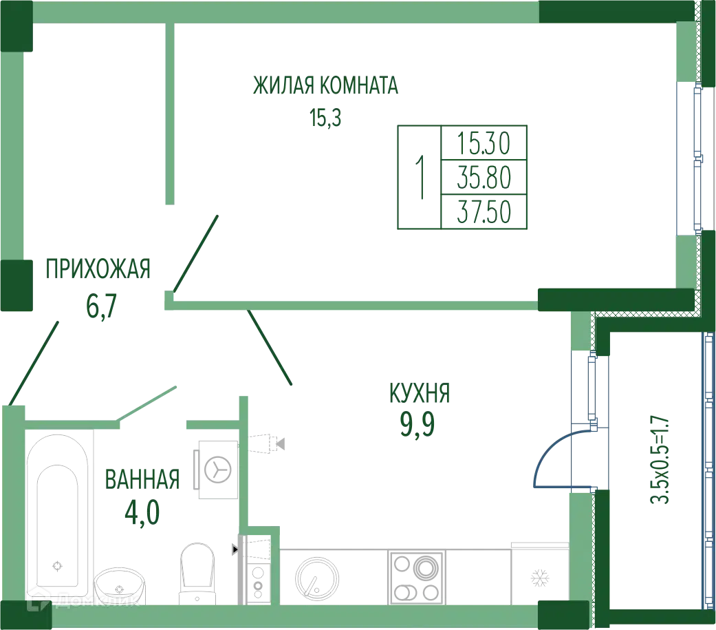 Планировка: 1-комн. квартира 38.40 м² в новостройке Екатерининский парк