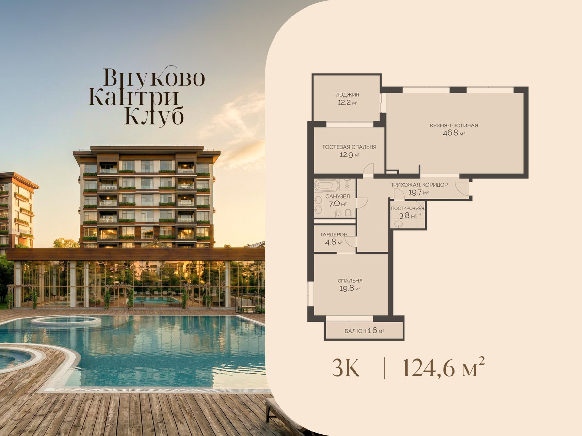 Планировка: 3-комн. квартира 124.60 м² в новостройке Внуково Кантри Клаб