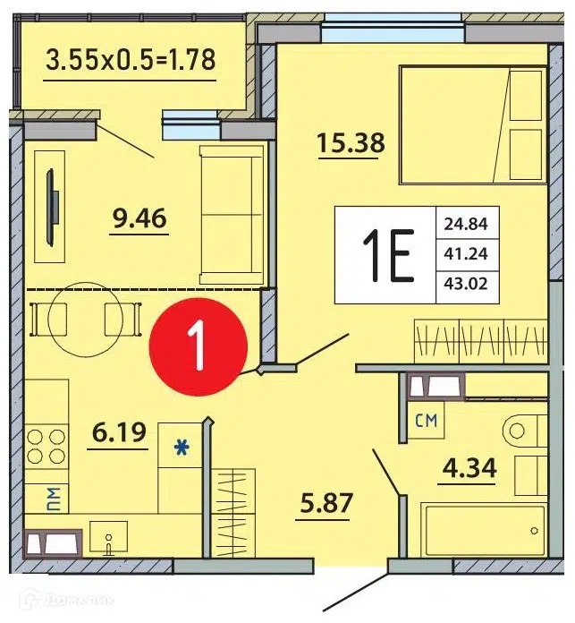 Планировка: 1-комн. квартира 43.02 м² в новостройке Любимый дом Адыгейск