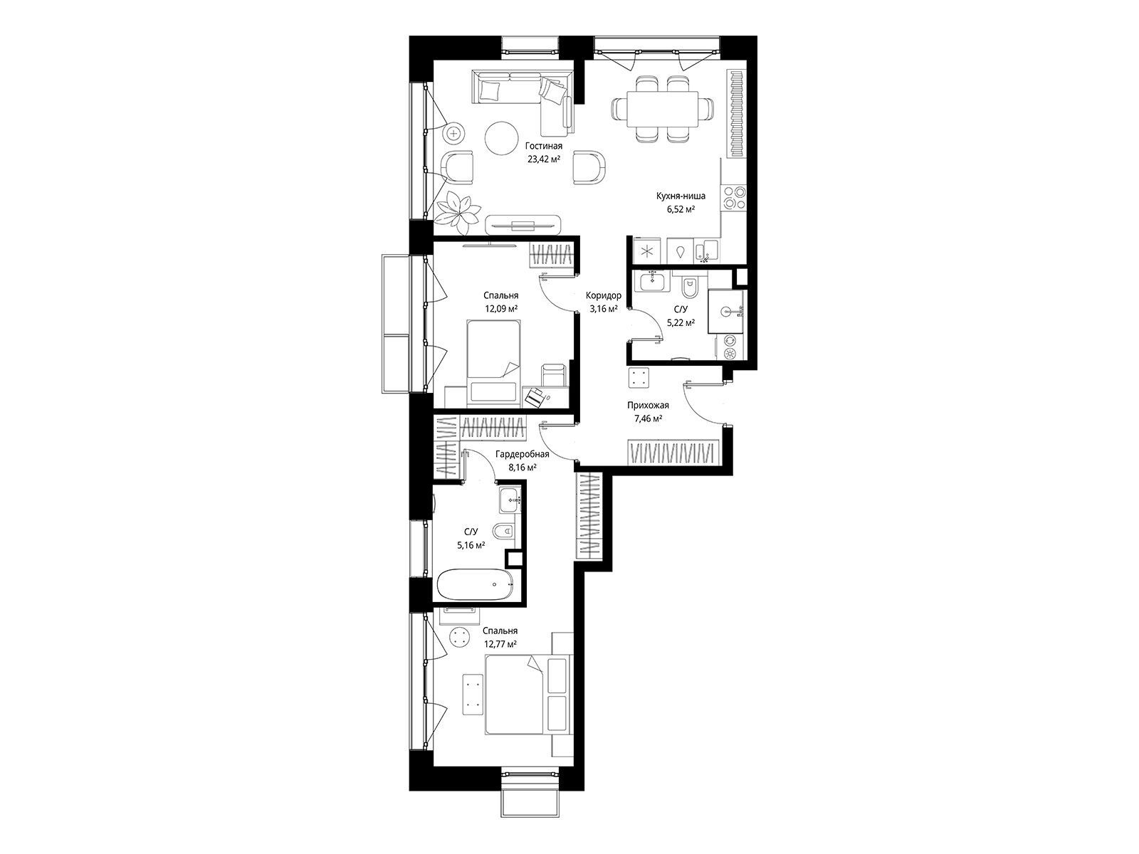 Планировка: 2-комн. квартира 83.96 м² в новостройке Мыс