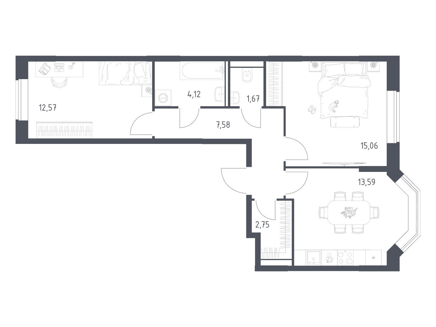 Планировка: 2-комн. квартира 57.34 м² в новостройке Квартал Домашний