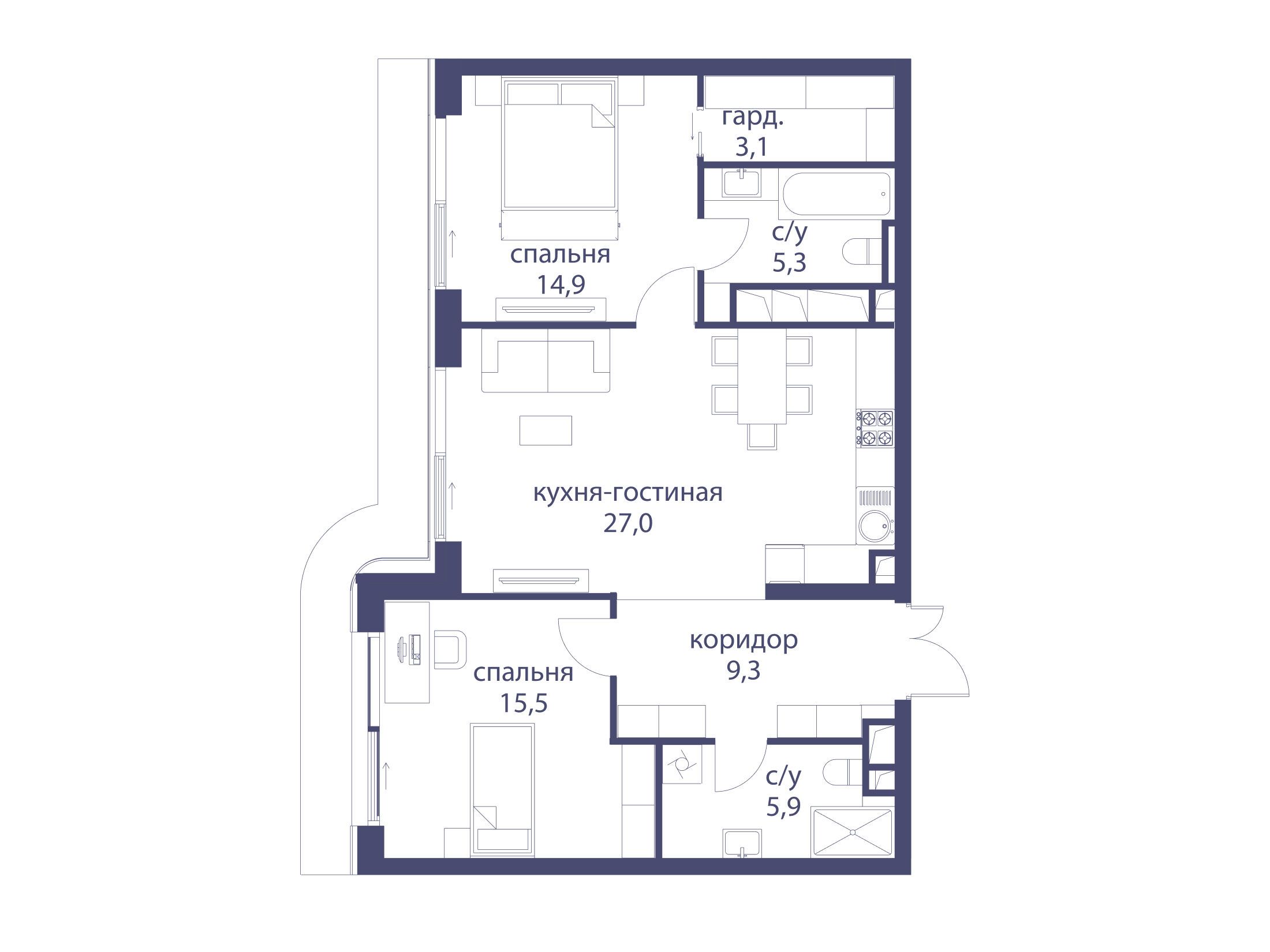 Планировка: 2-комн. квартира 81.00 м² в новостройке Река