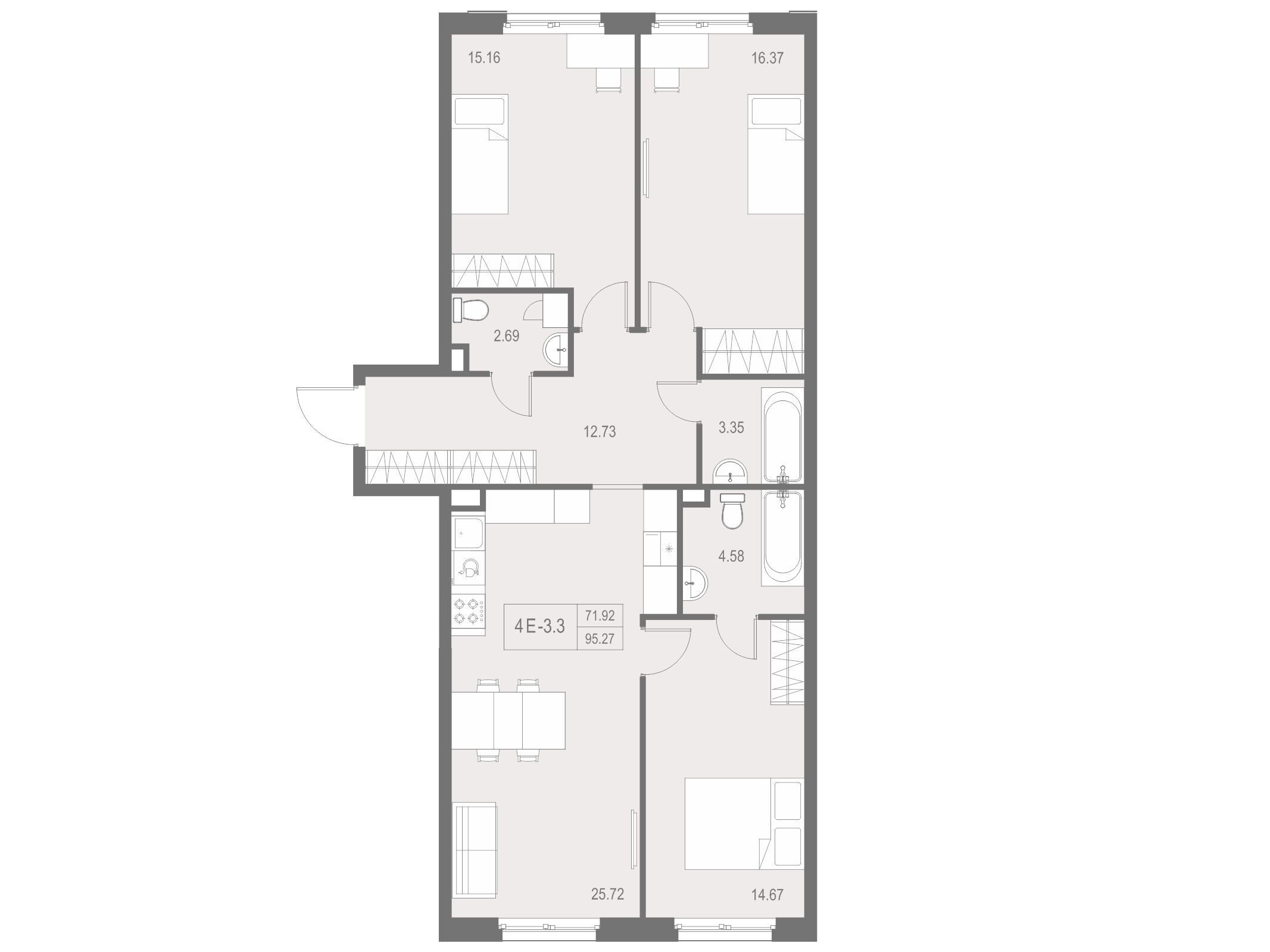 Планировка: 3-комн. квартира 95.27 м² в новостройке Зум на Неве