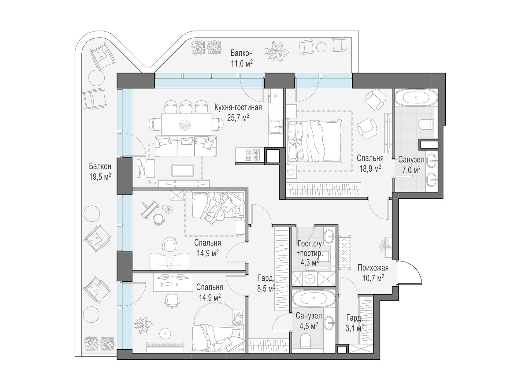 Планировка: 3-комн. квартира 126.40 м² в новостройке Форивер