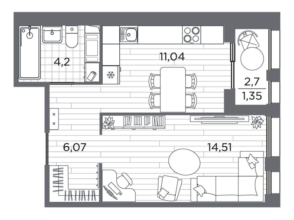 Планировка: 1-комн. квартира 37.17 м² в новостройке Респект