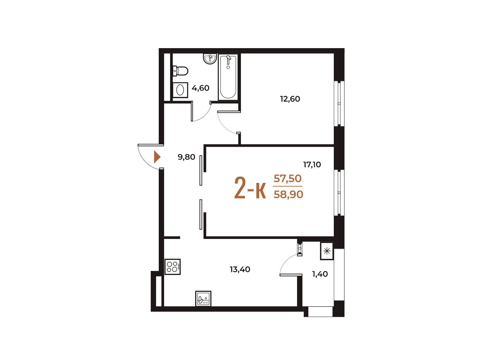 Планировка: 2-комн. квартира 58.90 м² в новостройке Новое Летово