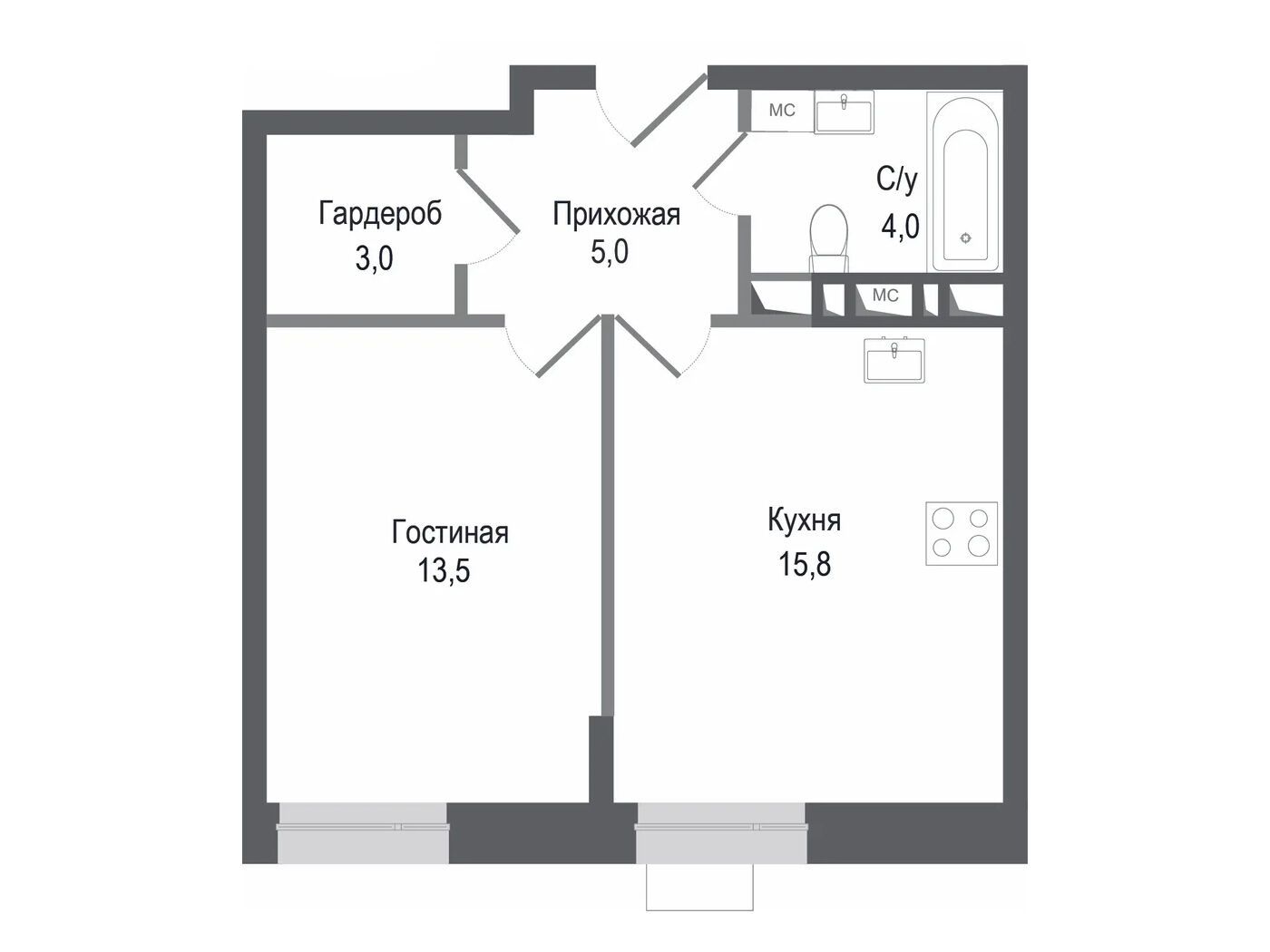 Планировка: 1-комн. квартира 41.30 м² в новостройке Киноквартал