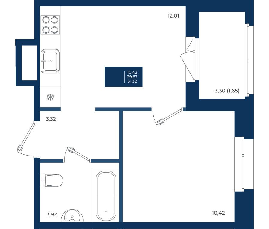 Планировка: 1-комн. квартира 31.32 м² в новостройке ЖК Новатория
