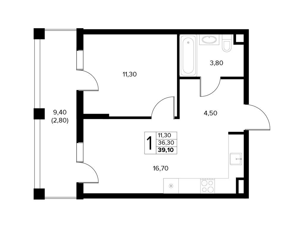 Планировка: 1-комн. квартира 39.10 м² в новостройке Кипарис