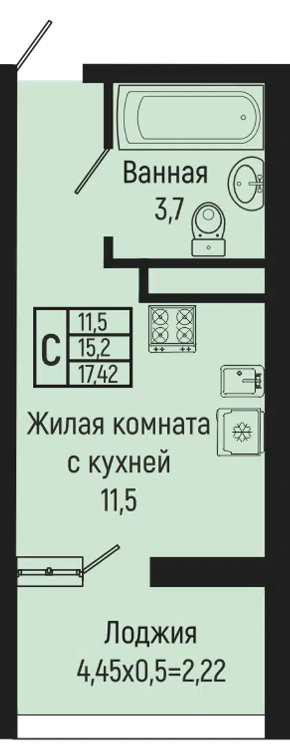 Планировка: Студия 17.42 м² в новостройке ЖК Сан Хиллс Ольгинка 2