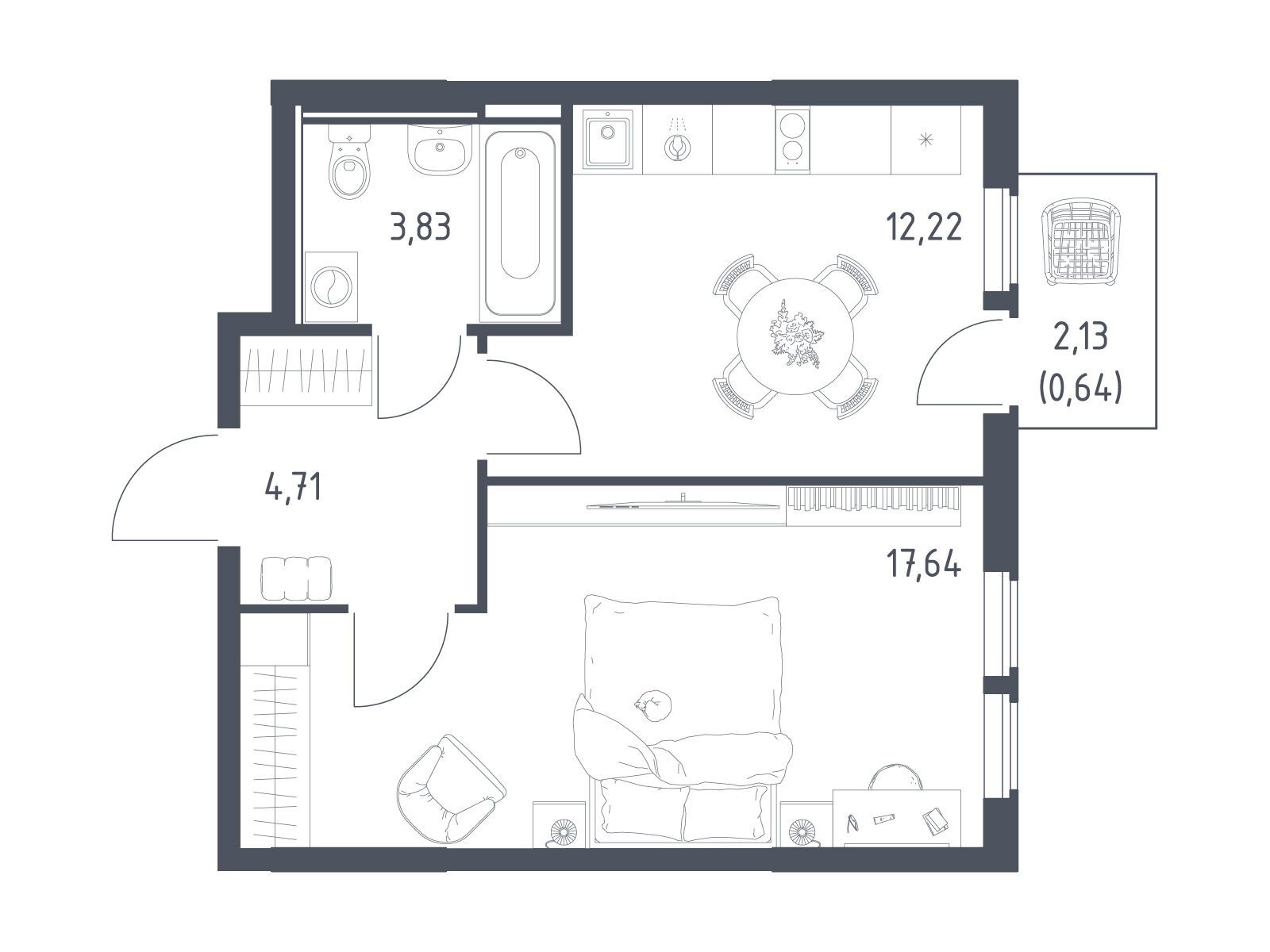 Планировка: 1-комн. квартира 39.04 м² в новостройке Остафьево