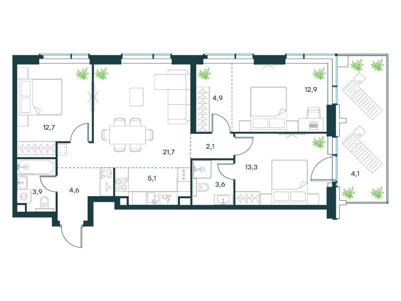 Планировка: 4-комн. квартира 88.90 м² в новостройке Павелецкая Сити