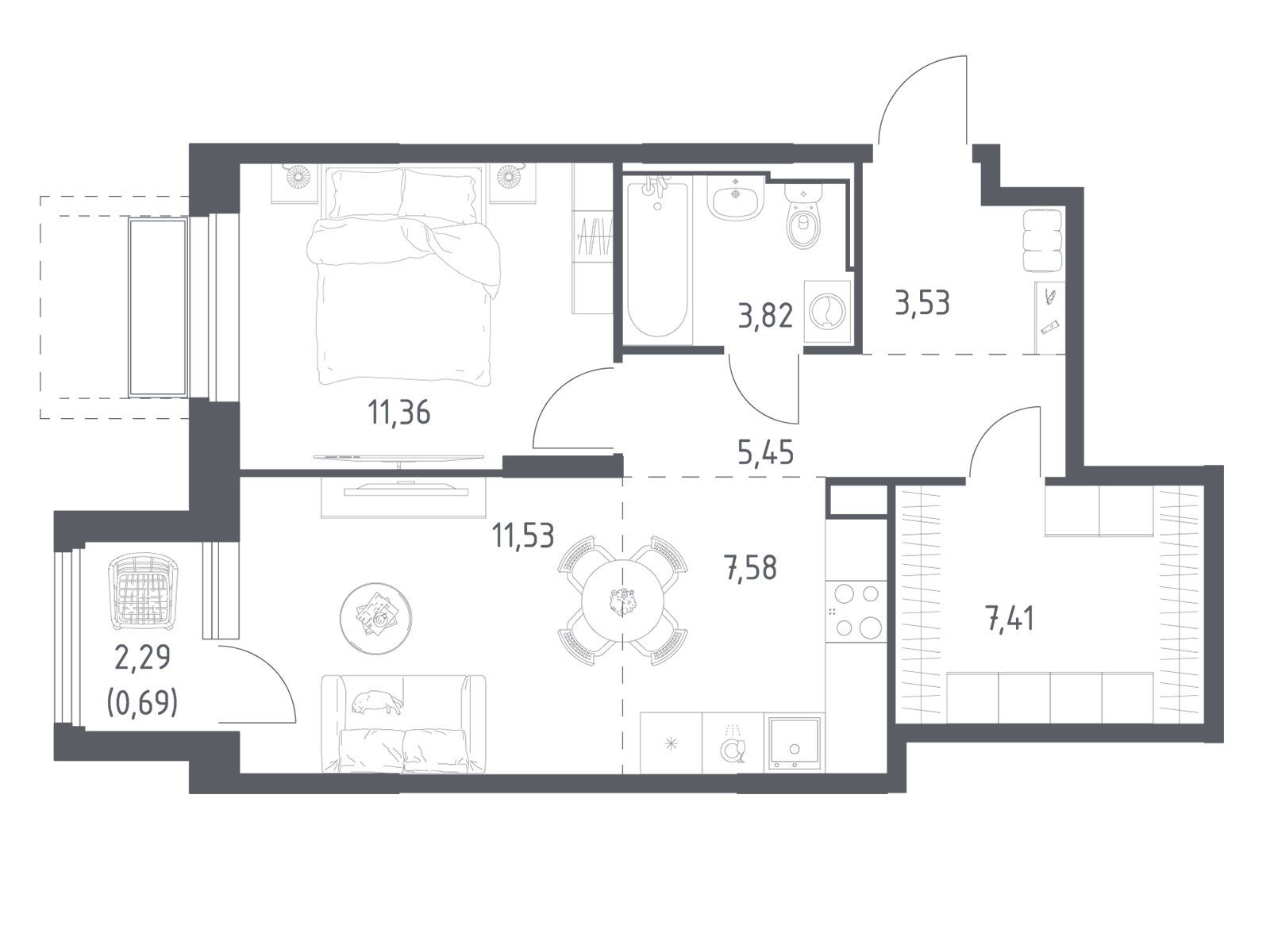 Планировка: 1-комн. квартира 51.37 м² в новостройке Долина Яузы