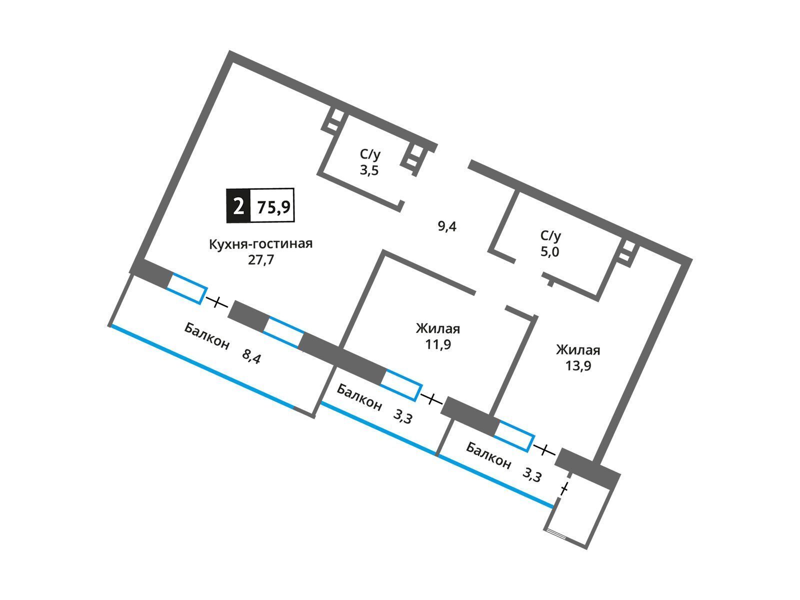 Планировка: 2-комн. квартира 71.30 м² в новостройке Отрада на реке