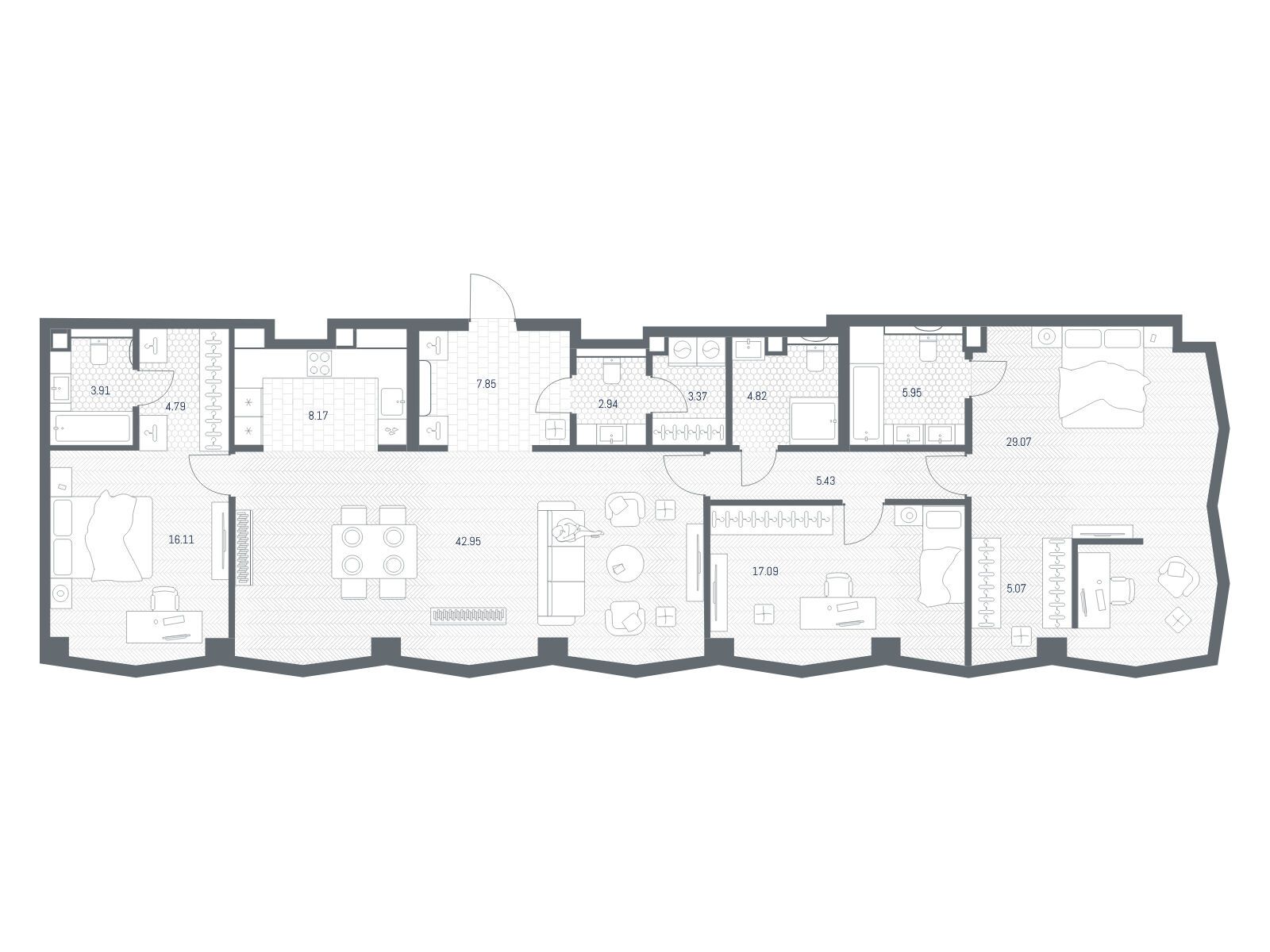 Планировка: 3-комн. квартира 157.52 м² в новостройке Тейт