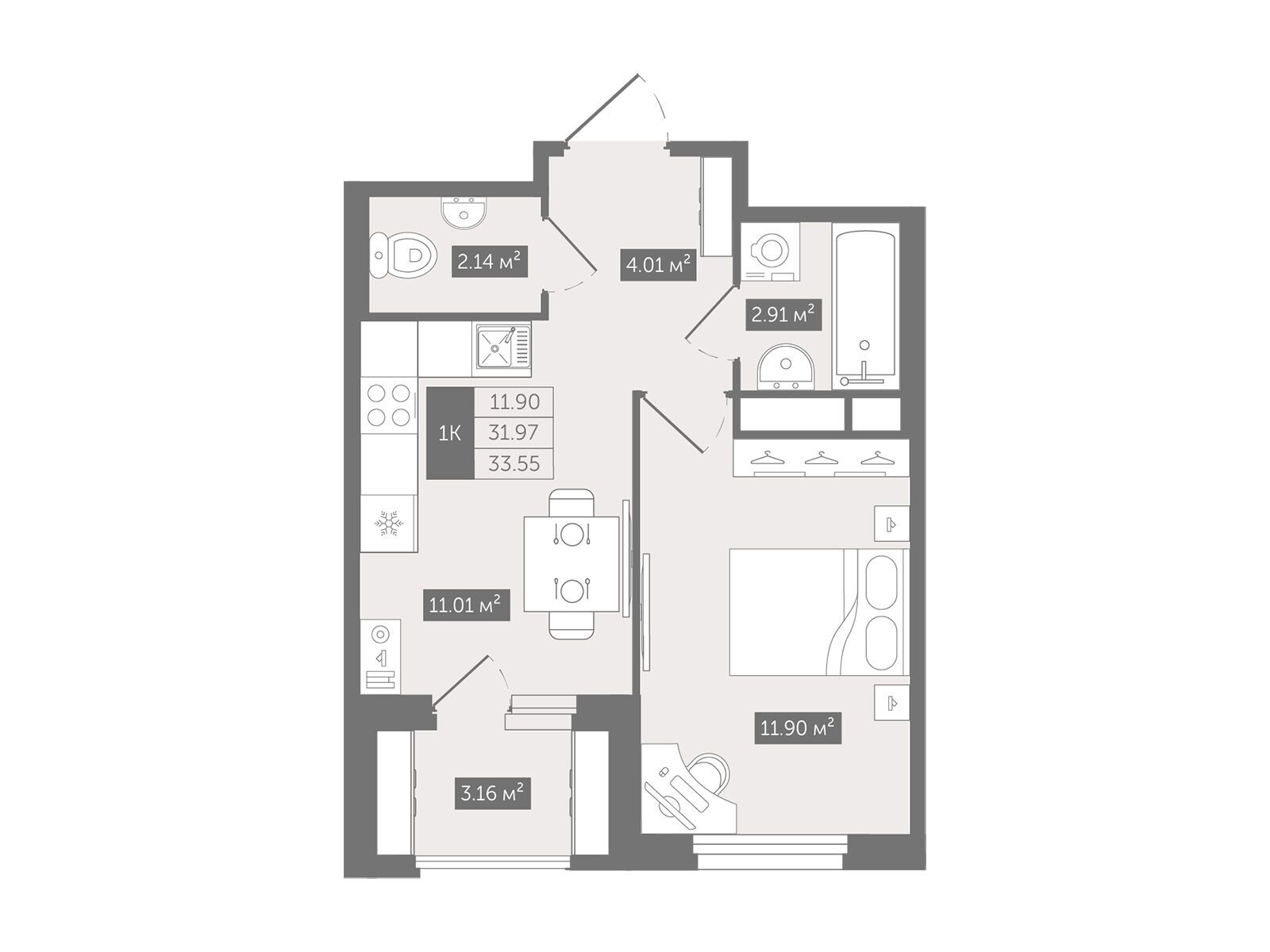 Планировка: 1-комн. квартира 33.55 м² в новостройке Квартал Воронцовский