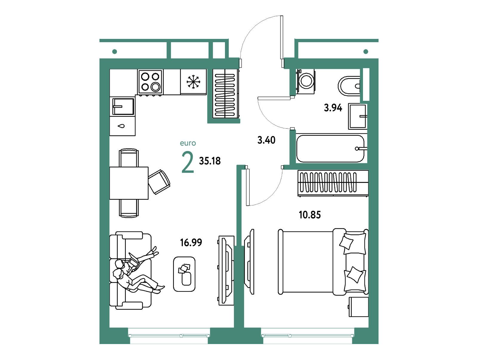 Планировка: 2-комн. квартира 35.18 м² в новостройке Страна Парковая