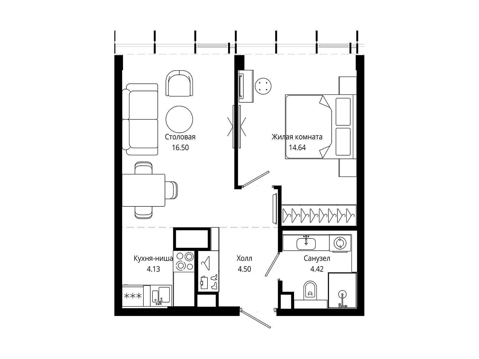Планировка: 1-комн. квартира 44.10 м² в новостройке Мод