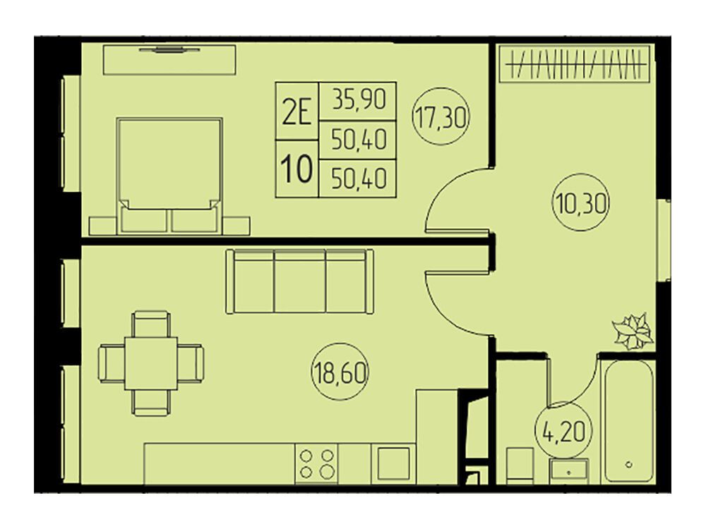 Планировка: 2-комн. квартира 50.40 м² в новостройке 31 квартал