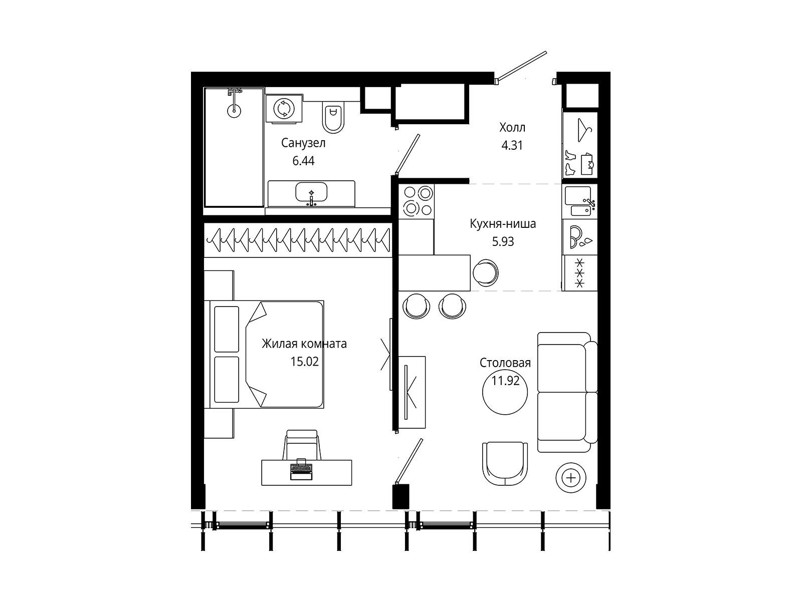 Планировка: 1-комн. квартира 43.80 м² в новостройке Мод