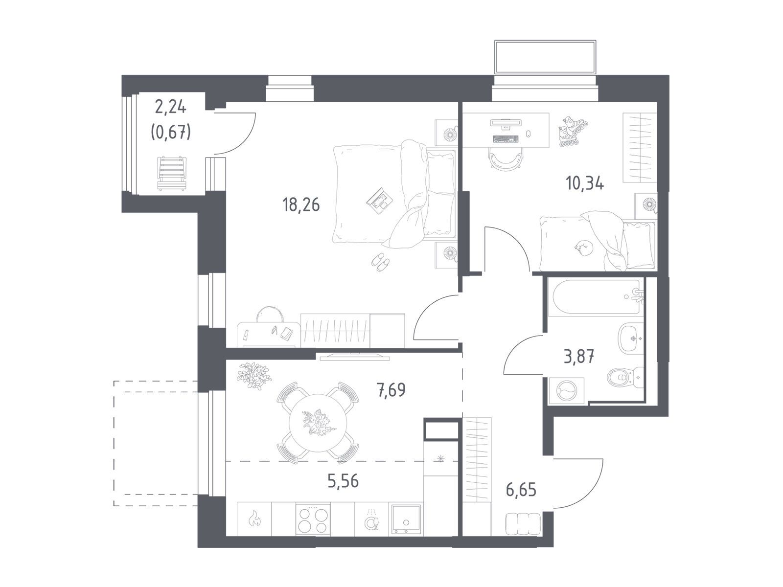 Планировка: 2-комн. квартира 53.04 м² в новостройке Долина Яузы