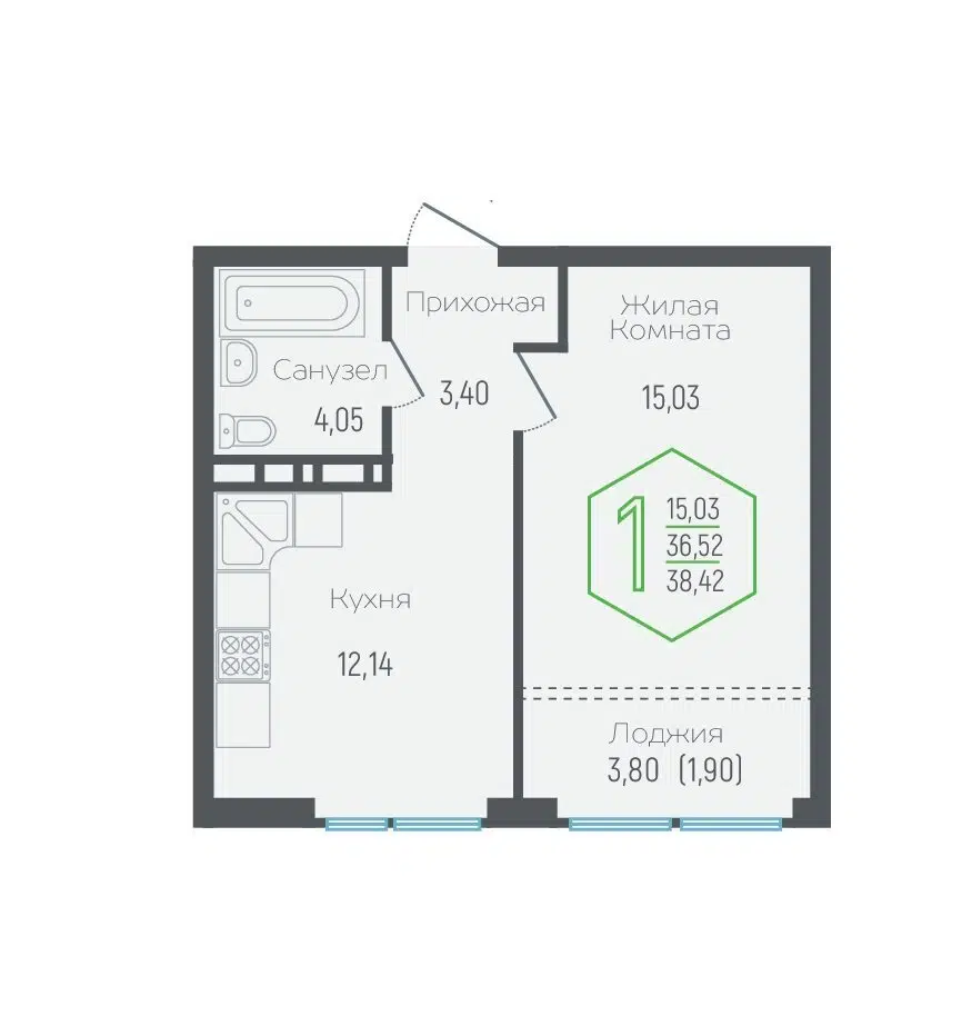 Планировка: 1-комн. квартира 37.60 м² в новостройке Гарантия на Обрывной