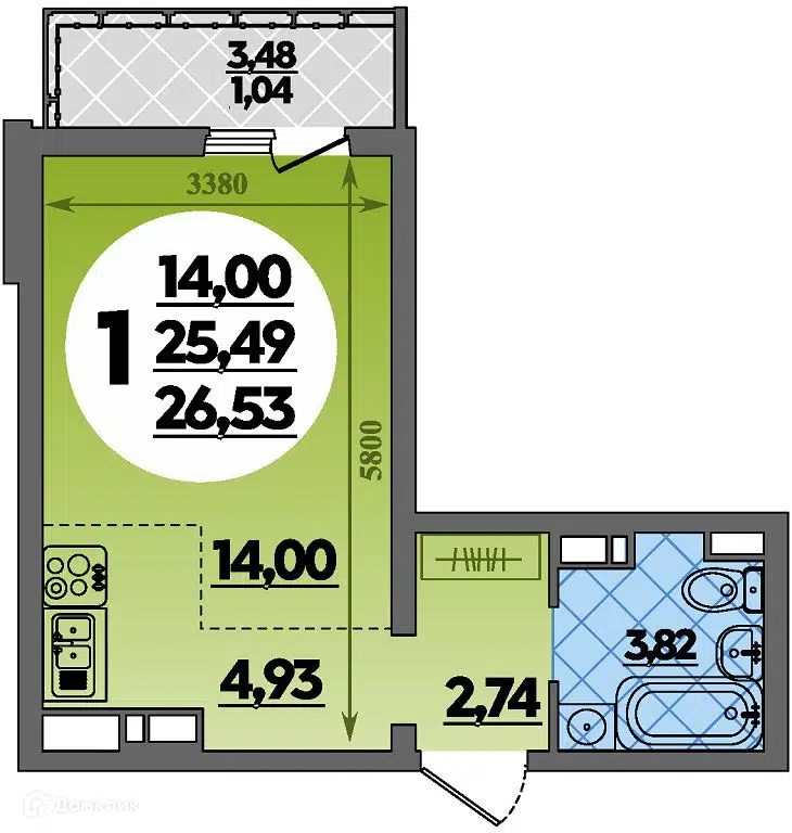 Планировка: Студия 26.53 м² в новостройке ЖК Предгорье Лаго-Наки