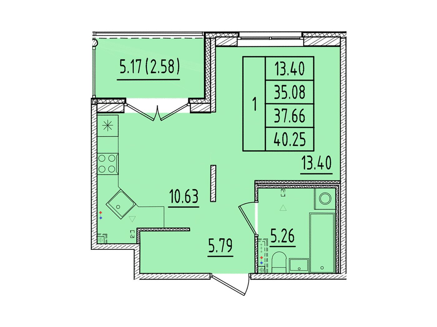 Планировка: 1-комн. квартира 35.08 м² в новостройке Образцовый квартал 17