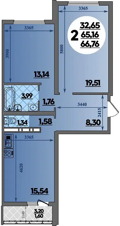 Планировка: 2-комн. квартира 66.76 м² в новостройке Город у моря