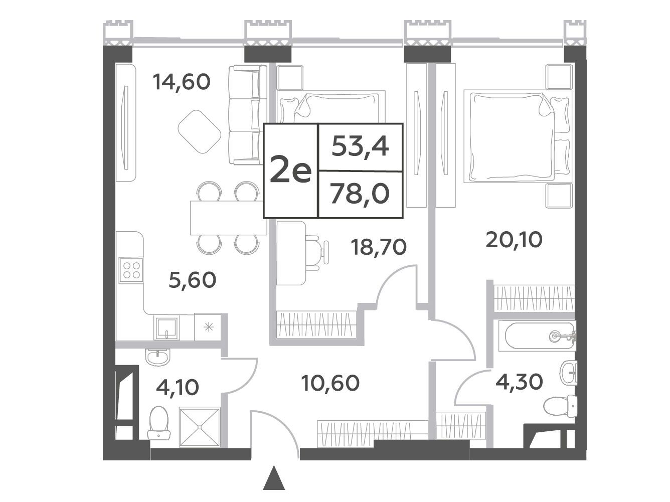 Планировка: 2-комн. квартира 78.00 м² в новостройке Вилл Тауэрс