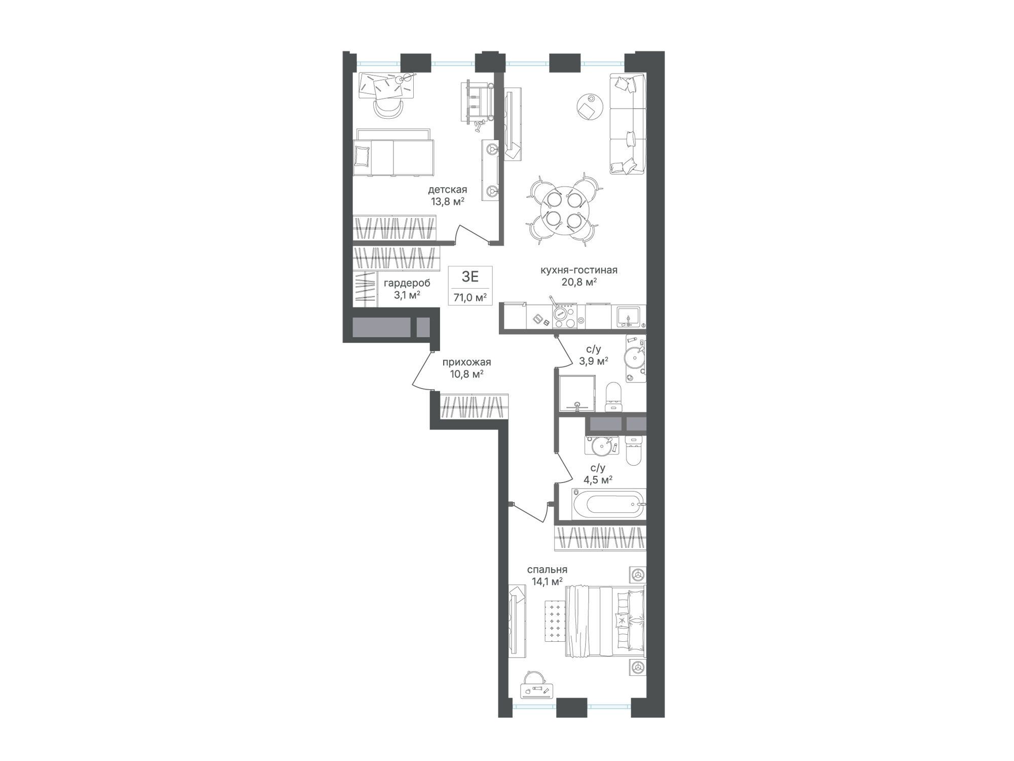 Планировка: 2-комн. квартира 70.90 м² в новостройке Семеновский парк 2
