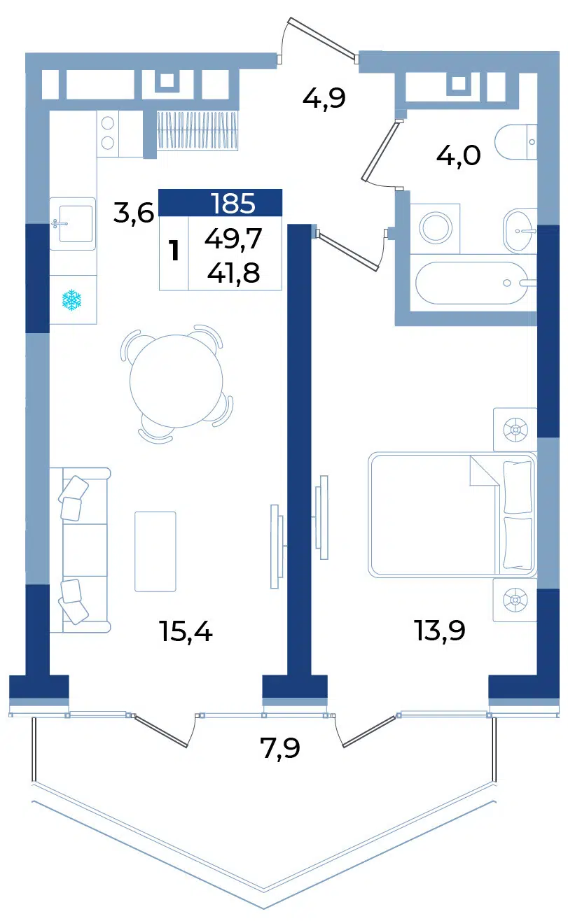 Планировка: 1-комн. квартира 49.70 м² в новостройке Эфириум