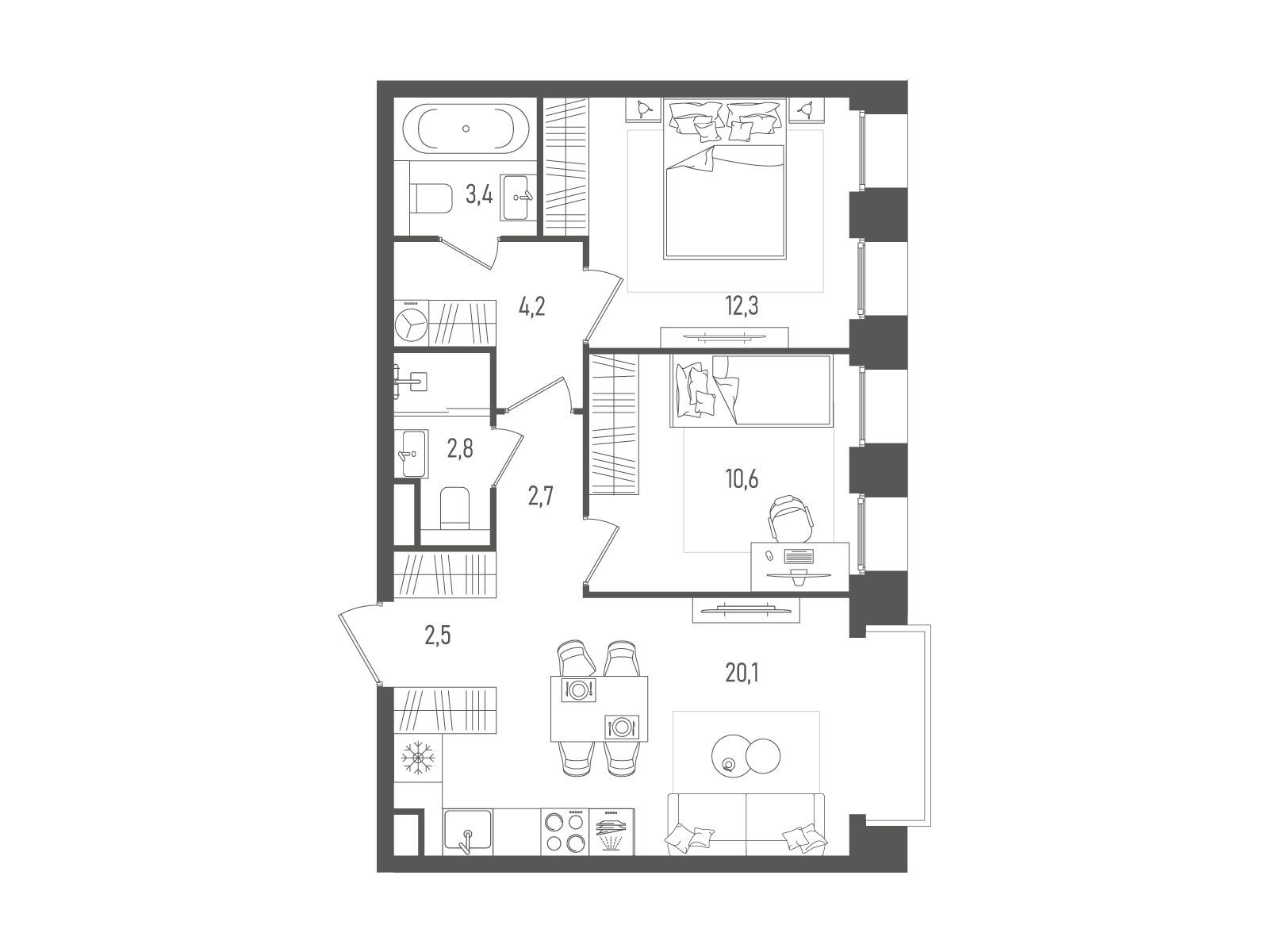 Планировка: 2-комн. квартира 58.60 м² в новостройке Пейв