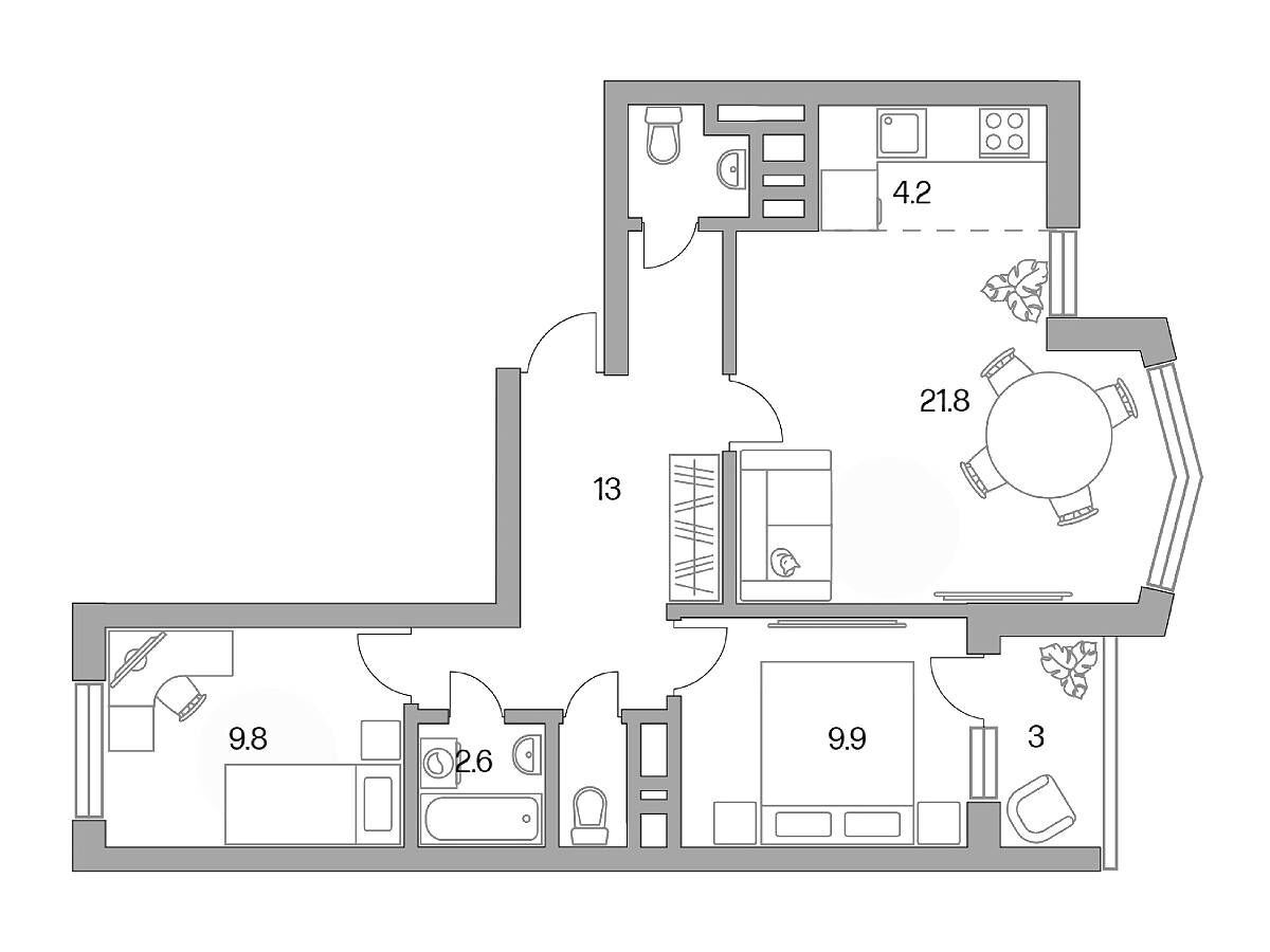 Планировка: 3-комн. квартира 68.00 м² в новостройке Высокие Жаворонки