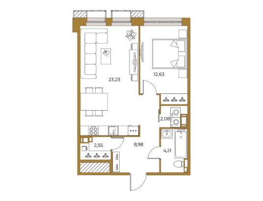 Планировка: 1-комн. квартира 53.19 м² в новостройке Взлетная 16