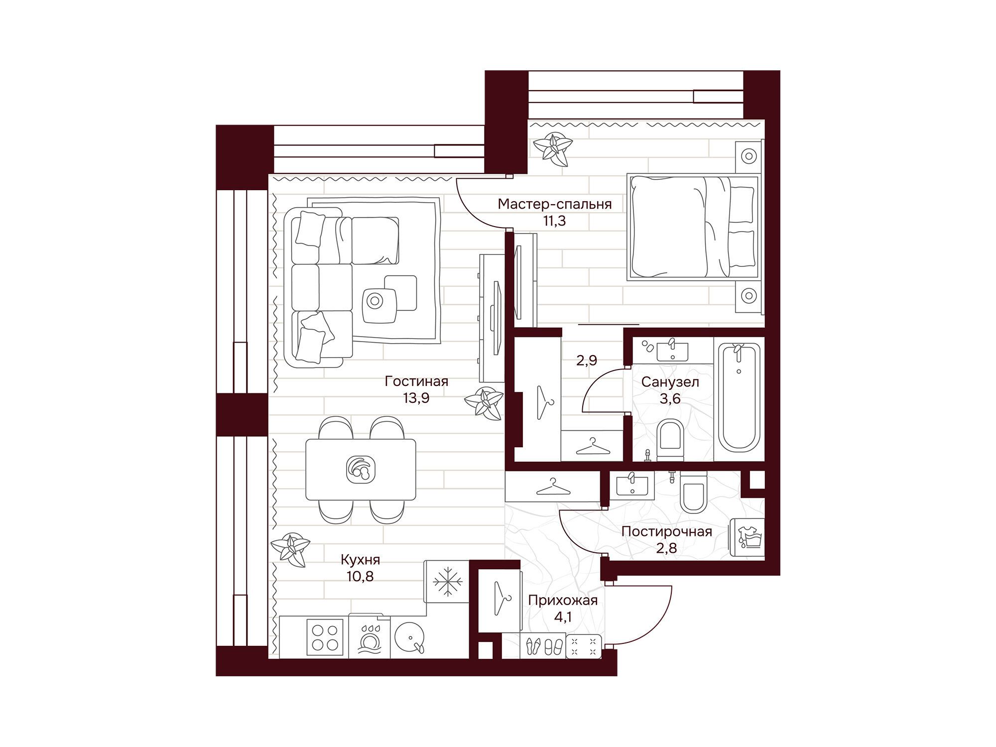 Планировка: 1-комн. квартира 49.40 м² в новостройке Дом 7 Даниловский